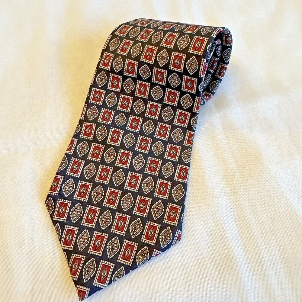 Vintage Spencer Lowe Mens Tie 100% Silk Navy Blue Red Gold‎ USA Neck Tie 57 in